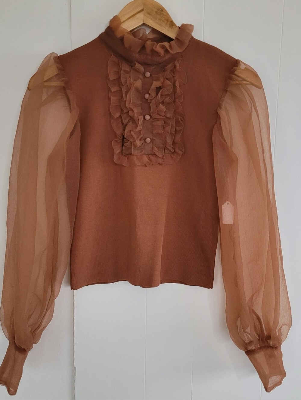 Zara Small Brown Sheer Sleeve Knit Blouse